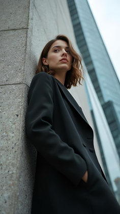 Woman in a black blazer leaning against a wall with a cityscape in the background
