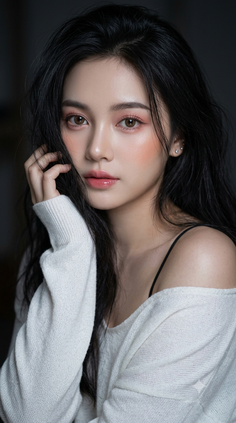 Woman with long black hair wearing a white off-shoulder sweater