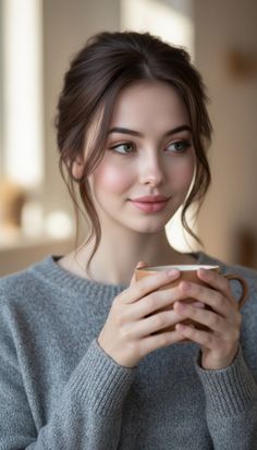 Woman with brown hair and green eyes holding a mug in a grey sweater