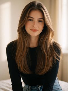 Woman with long brown hair wearing a black shirt and jeans indoors