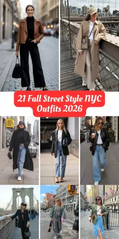 Collage of women in various fall street style outfits in a city