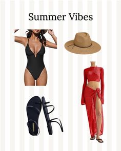 Collage of summer fashion items including a black swimsuit and red cover-up