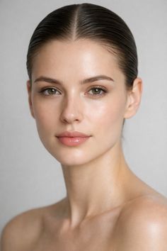 Woman with slicked back brown hair and bare shoulders looking at the camera