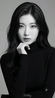 Woman with long black hair wearing a black turtleneck in a monochrome portrait