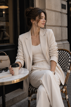 Woman in a beige suit sitting at an outdoor cafe table with a coffee cup