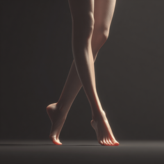 Slim bare legs crossed against a dark background with dramatic lighting