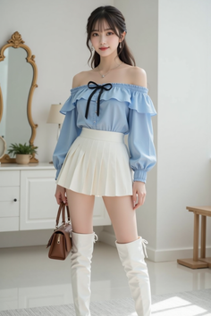 Woman in a blue off-shoulder top and white pleated skirt with thigh-high boots