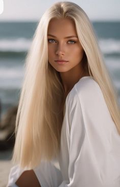 Woman with long blonde hair and blue eyes wearing a white shirt on a beach
