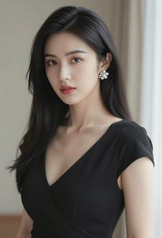 Woman with long black hair wearing a black v-neck dress and pearl earrings
