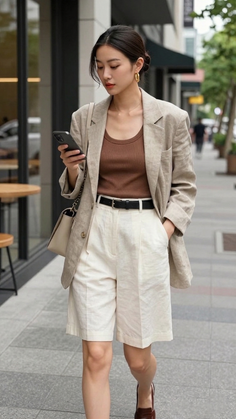 Woman in a blazer and shorts walking on a city street while looking at her phone