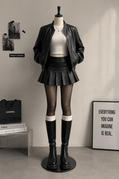 Mannequin dressed in a black leather jacket, pleated skirt, and knee-high boots