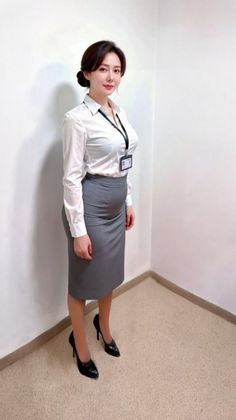 Woman in a white shirt and gray pencil skirt standing indoors