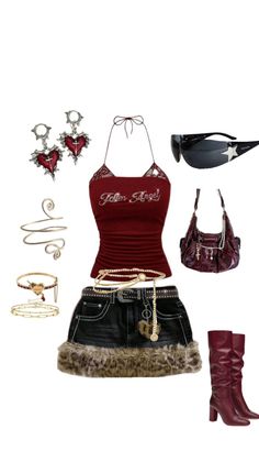 Fashion flat lay featuring a dark red top, denim mini skirt with fur trim, and accessories
