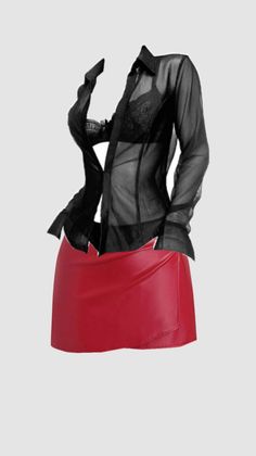 Sheer black shirt with a black bra and a red skirt on a plain background