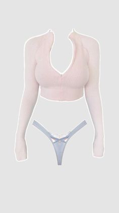 Light pink ribbed cropped top and light blue thong underwear with lace and bow
