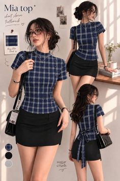 Woman in a plaid top and black mini skirt posing indoors