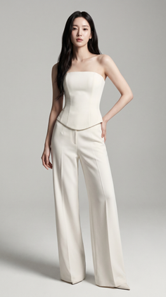 Woman in a cream strapless top and wide leg pants in a studio