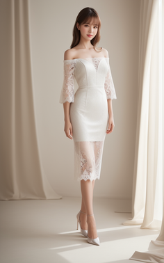 Woman in a white lace off-shoulder dress and high heels indoors