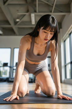 Woman in a sports bra and shorts, kneeling on a yoga mat in a gym