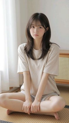 Woman with long hair wearing a t-shirt and shorts, sitting barefoot indoors