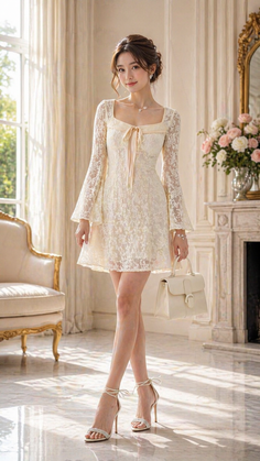 Woman in a cream lace dress and high heels holding a handbag indoors