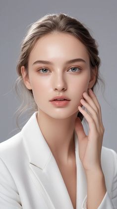 Woman in a white blazer with blonde hair and blue eyes, touching her face