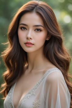 Woman with long wavy hair in an embroidered dress with a deep V-neck