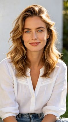 Woman with blonde hair and blue eyes wearing a white shirt, smiling outdoors