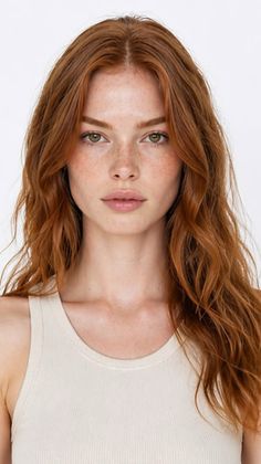 Woman with red wavy hair and freckles wearing a tank top
