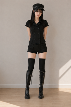 Woman in a black military-style outfit with shorts and knee-high boots indoors