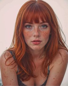 Woman with red hair and freckles looking directly at the viewer