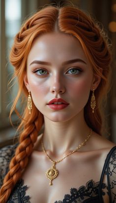 Woman with red braided hair and green eyes wearing gold jewelry and black lace