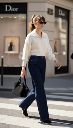 Woman with a ponytail and sunglasses walking across a street in front of a store