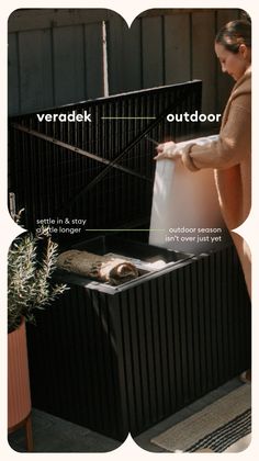 Woman placing items into an outdoor storage box on a patio