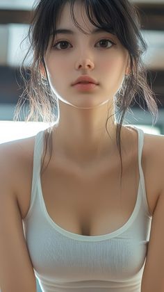Woman with wet black hair wearing a white tank top with soft lighting
