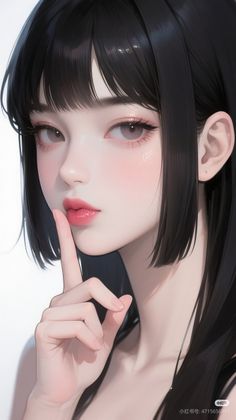 Illustration of a girl with black hair and pink lips, finger on her lips
