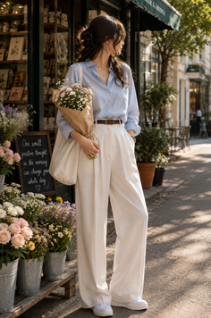 Woman in a light blue shirt and white wide-leg pants holding a bouquet outside a flower shop