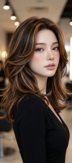 Woman with long, layered brown hair wearing a black top indoors