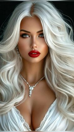 Woman with long blonde hair, red lipstick, and a diamond necklace