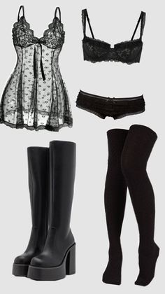 Collection of black lingerie, platform boots, and thigh-high socks