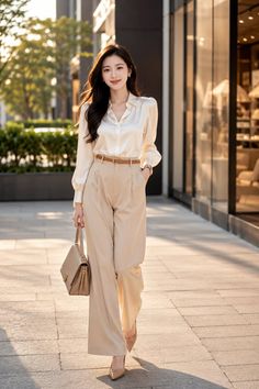 Woman in a cream blouse and wide leg pants walking outdoors at golden hour