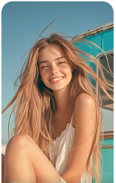 Smiling woman with long blonde hair and freckles outdoors under a blue sky