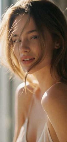 Woman with blonde hair and exposed shoulders in soft backlight