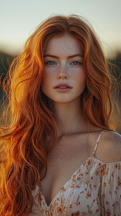 Woman with red hair and freckles in a floral dress outdoors at golden hour