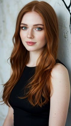 Woman with red hair and green eyes wearing a black top