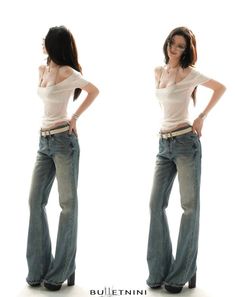 Woman in a white off-shoulder top and bell bottom jeans posing against a white background