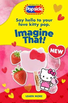 Hello Kitty popsicle with strawberries on a pink and yellow background