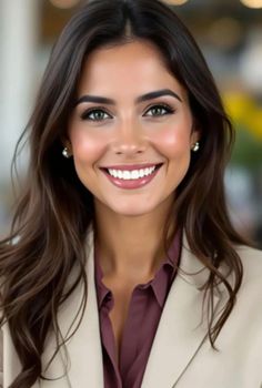 Woman with long brown hair wearing a suit and smiling at the camera