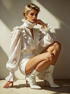 Woman with short blonde hair in a white ruffled blouse and shorts, squatting