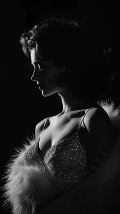 Woman in a sparkly dress and fur shawl in dramatic black and white lighting